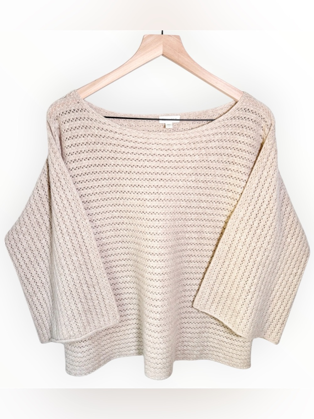 GARNET HILL Cashmere Open Knit Pointelle Sweater Beige Tan BellSleeve Size Large
